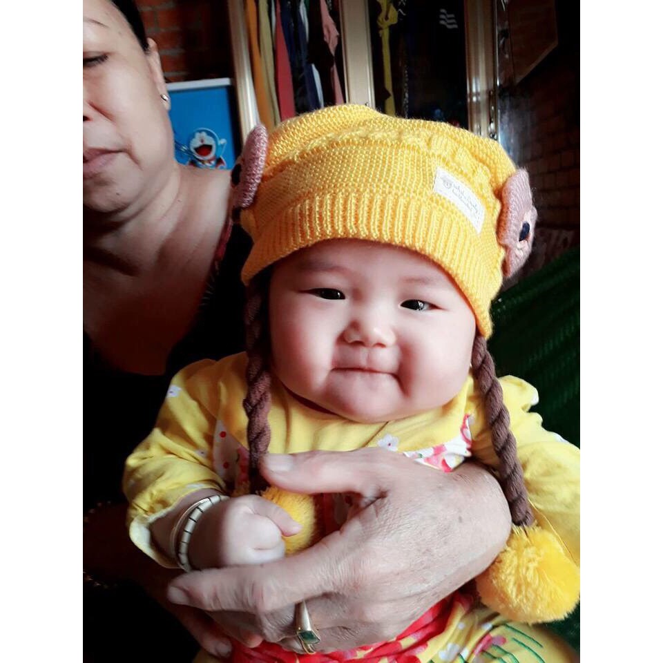 Mũ len tóc giả đuôi sam cho bé gái 0-3 tuổi