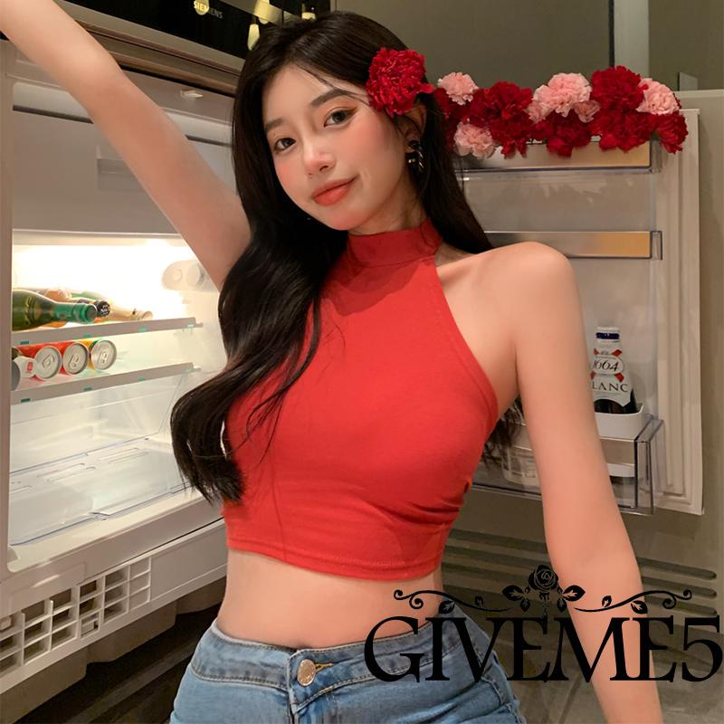 Áo Croptop Sát Nách Hở Lưng Thắt Nơ Màu Đỏ Trơn Quyến Rũ Cho Nữ