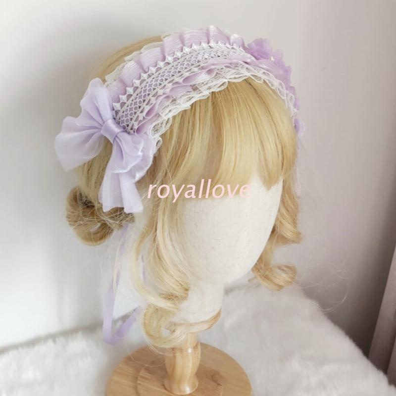 Băng đô xếp nếp đính ren hoa và nơ ruy băng xinh xắn phong cách lolita cho nữ