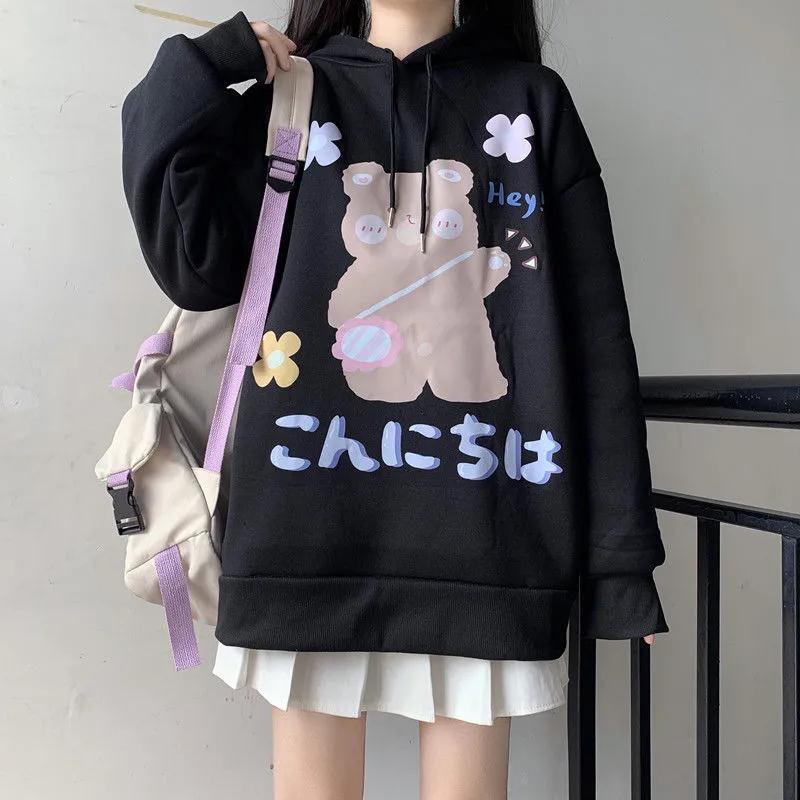Áo hoodie dáng rộng in hình gấu hoạt hình phong cách Nhật Bản