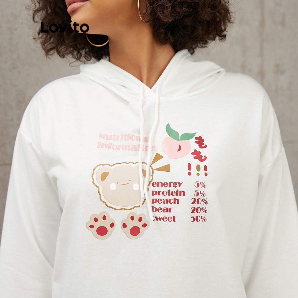 Áo sweatshirt Lovito có túi dây rút dệt kim sọc gân in định vị thường ngày L17X106 (Màu trắng)