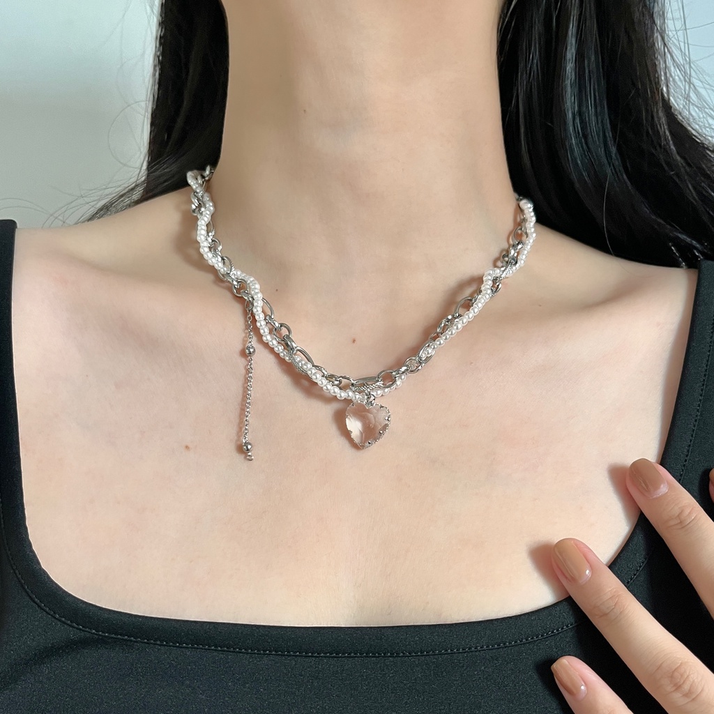 Vòng cổ Mặt Trái Tim Trong Suốt Đính Ngọc Trai Bằng Thép Titan Phong Cách Hàn Quốc