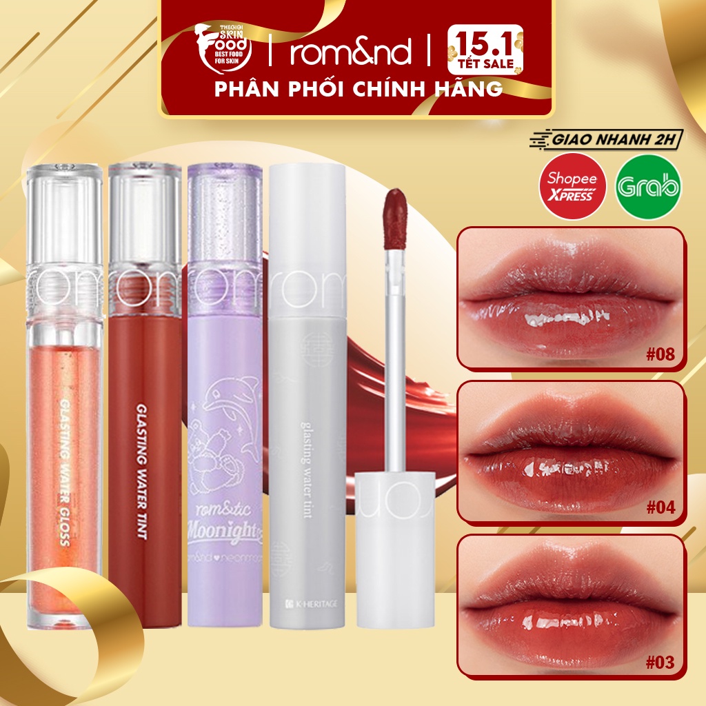 Son Tint bóng siêu lì, căng mọng môi Hàn Quốc Romand Glasting Water Tint 4g (04 Đỏ Nâu, 03 Cam Gạch, 12 đỏ trầm)