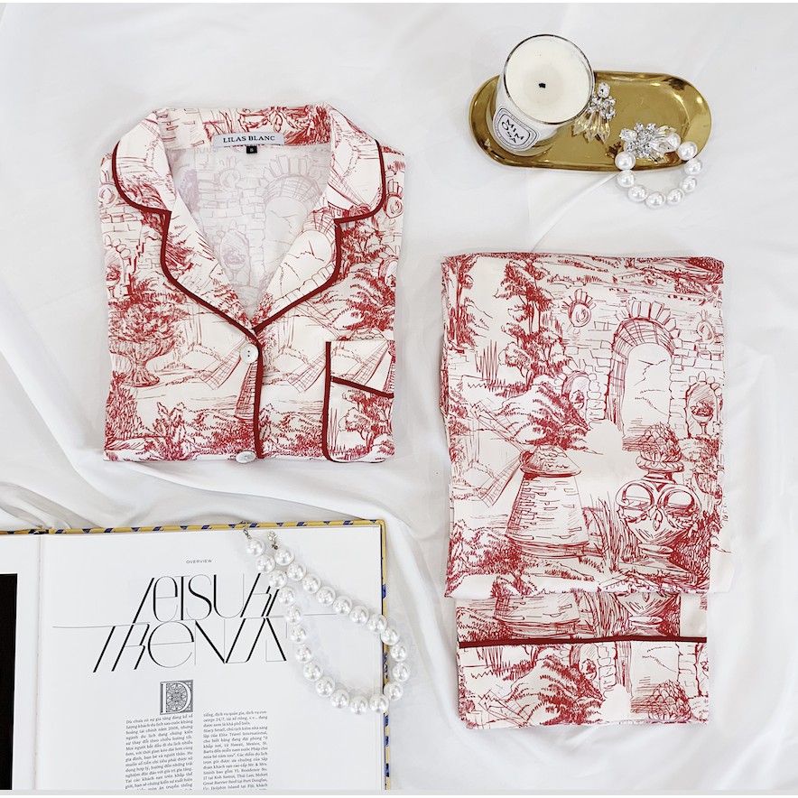 [Mã FASHIONMALLT4 giảm 15% đơn 150k] Lilas Blanc Bộ Pijama Lụa Dài Tay Quần Dài Hoạ Tiết Vẽ Đỏ Phối Viền Lụa Đỏ