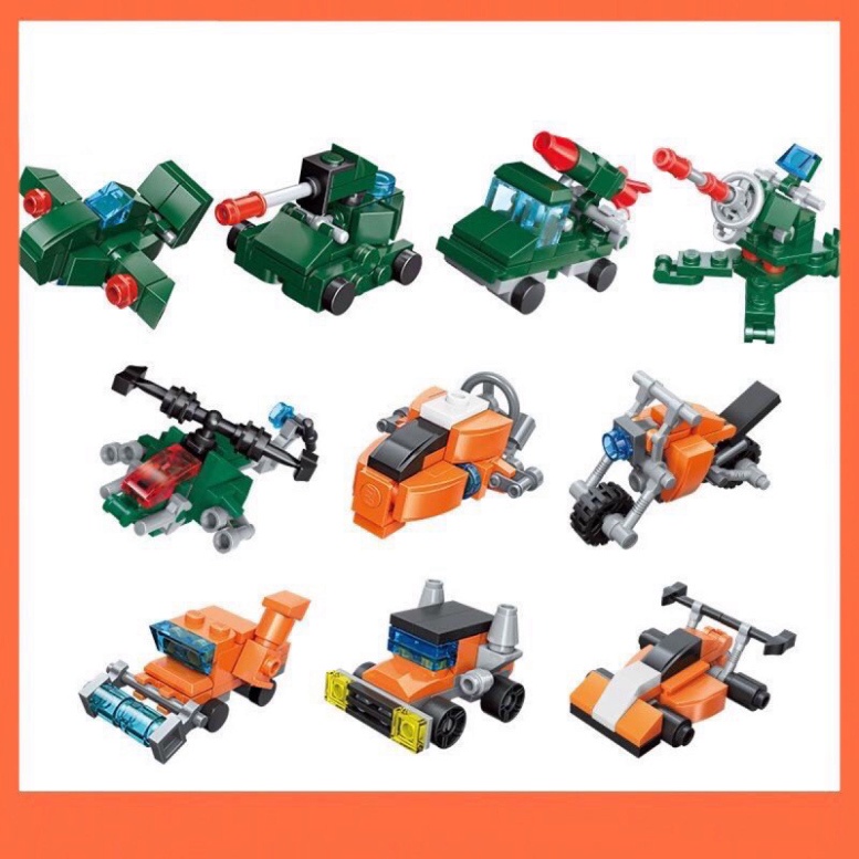 Đồ chơi lắp ráp lego giá rẻ 3 trong 1 Qman 2106 mô hình 10 loại xe quân sự, xe đua, máy bay chiến đấu sáng tạo (1376LMH)