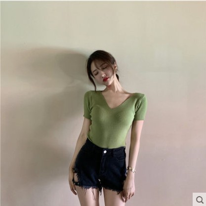 Áo Dệt Kim Nữ Tay Ngắn Cổ Chữ V Thời Trang Hàn Quốc | BigBuy360 - bigbuy360.vn