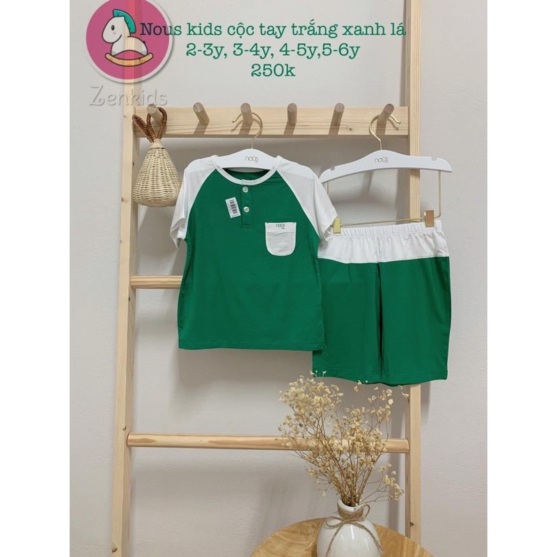 Quần áo trẻ em _ Bộ Nous kids cộc trắng xanh lá