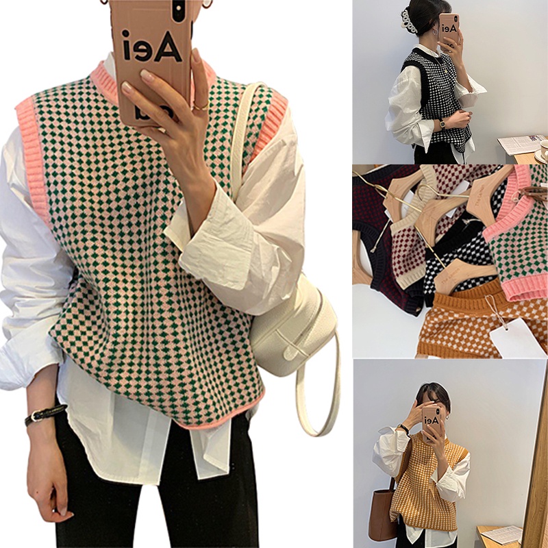 Áo Dệt Kim Sát Nách Cổ Tròn Dáng Rộng Màu Sắc Tương Phản Thời Trang Mùa Thu Cho Nữ