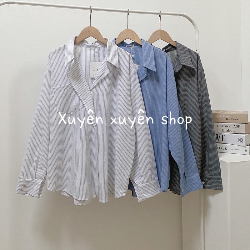 Áo sơ mi thô KẺ SỌC 1 CÚC VẠT CHÉO, áo sơ mi sọc dọc dáng rộng ( Ảnh thật )