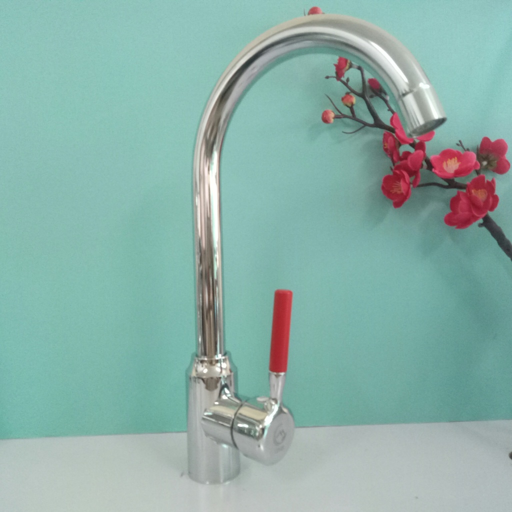 Vòi bồn rửa bát nóng lạnh cắm chậu ngồng cứng Inox bóng cổ bi xoay 360 độ cần gạt tròn đỏ sang trọng, bắt mắt
