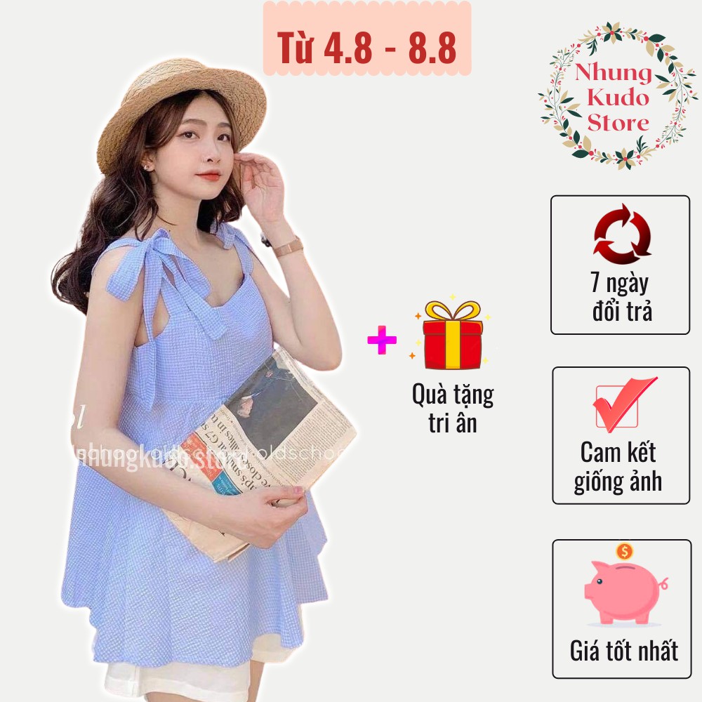 Set áo kèm quần tiểu thư, áo 2 dây buộc nơ Babydoll kèm quần,áo bánh bèo kẻ trắng dễ thương Nhungkudo