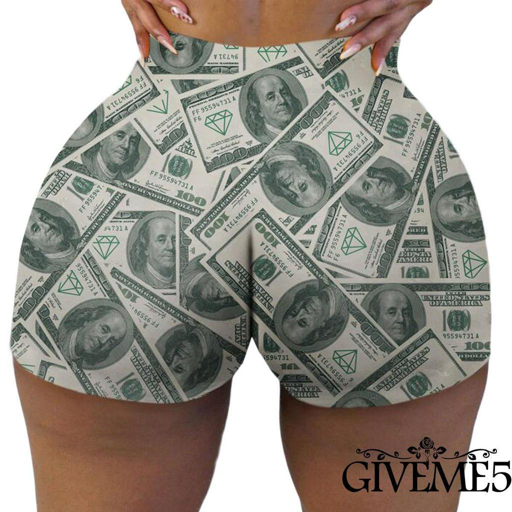 Quần short tập thể dục dáng ôm eo cao in hoạ tiết tiền đô thời trang mùa hè vui nhộn giản dị cho nữ