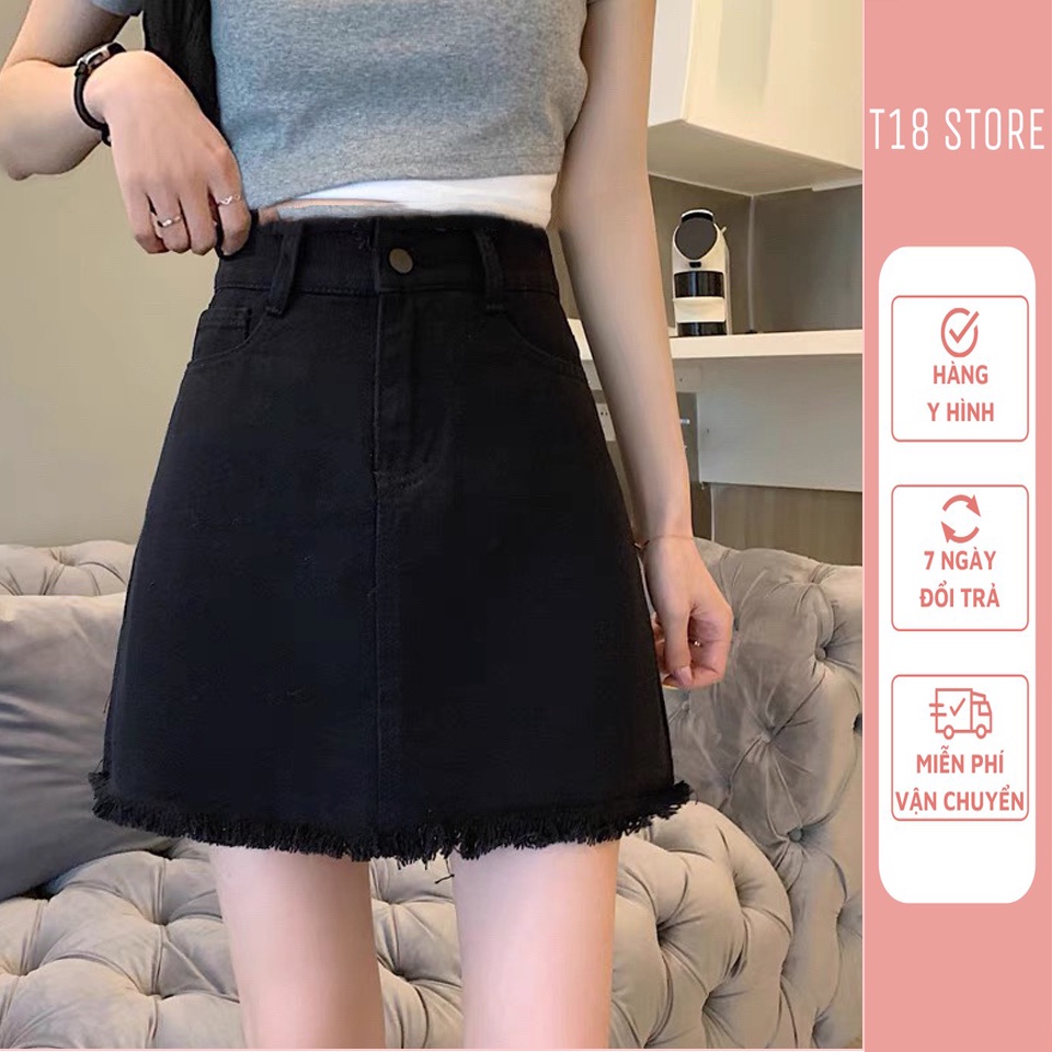 Chân váy Jeans đen trắng ngắn chữ a lưng cao bigsize trơn ulzzang T18 STORE CV18