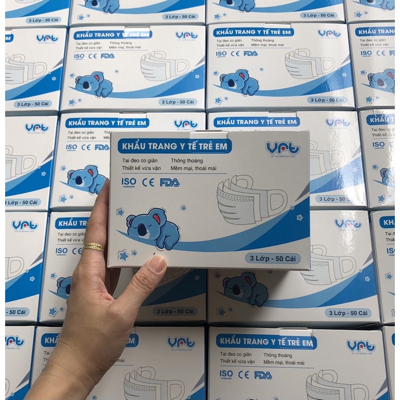 [Quai Vải Không Đau Tai] Hộp 50 cái Khẩu Trang y tế trẻ em 3 Lớp VRT