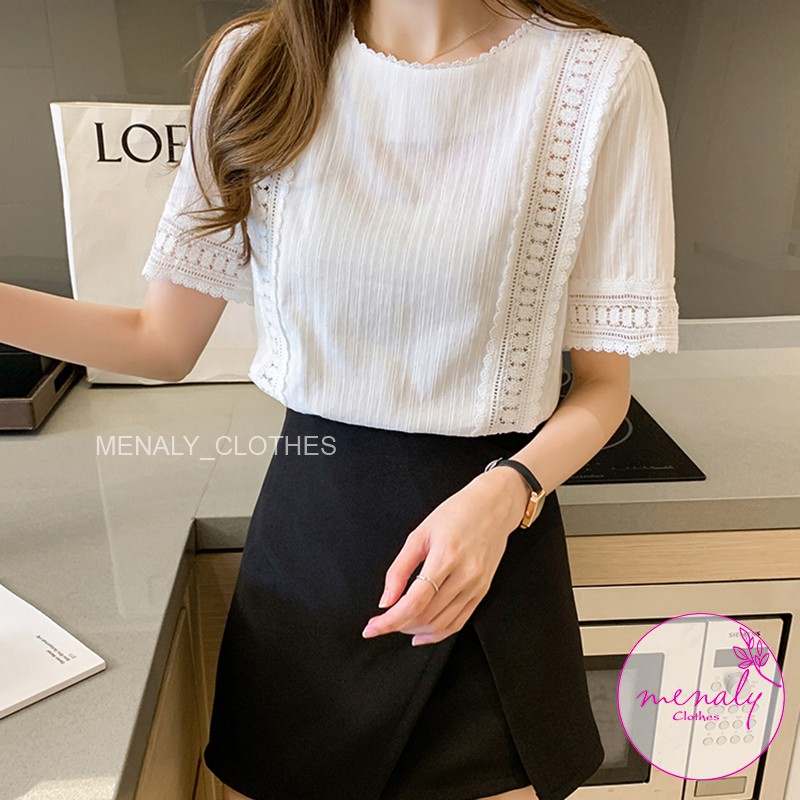 Áo kiểu nữ hàn quốc trắng côc tay phồng phối ren AH037, mẫu áo kiểu dáng đơn giản lịch sự, đi làm đi chơi