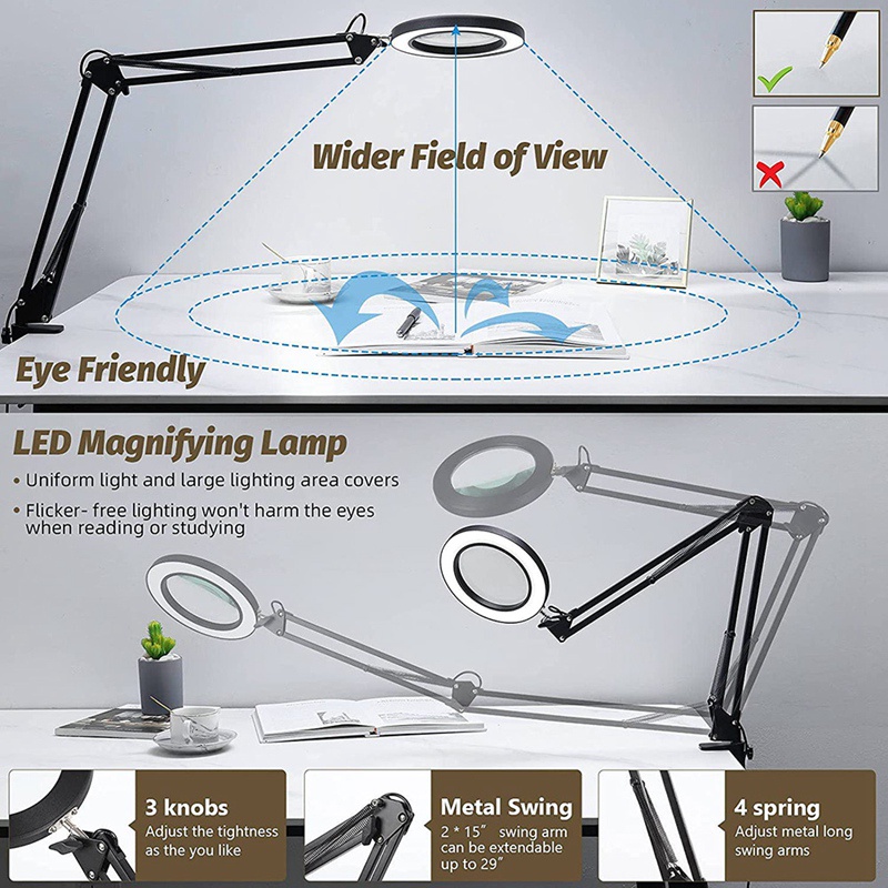 Kính Lúp kẹp bàn Đọc Sách Có Đèn LED 12W đổi màu, tăng giảm ánh sáng, vật liệu thép không gỉ