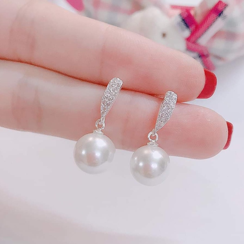 Bông tai bạc bông viền đá treo Ngọc trai nhân tạo Van Jewelry V10605