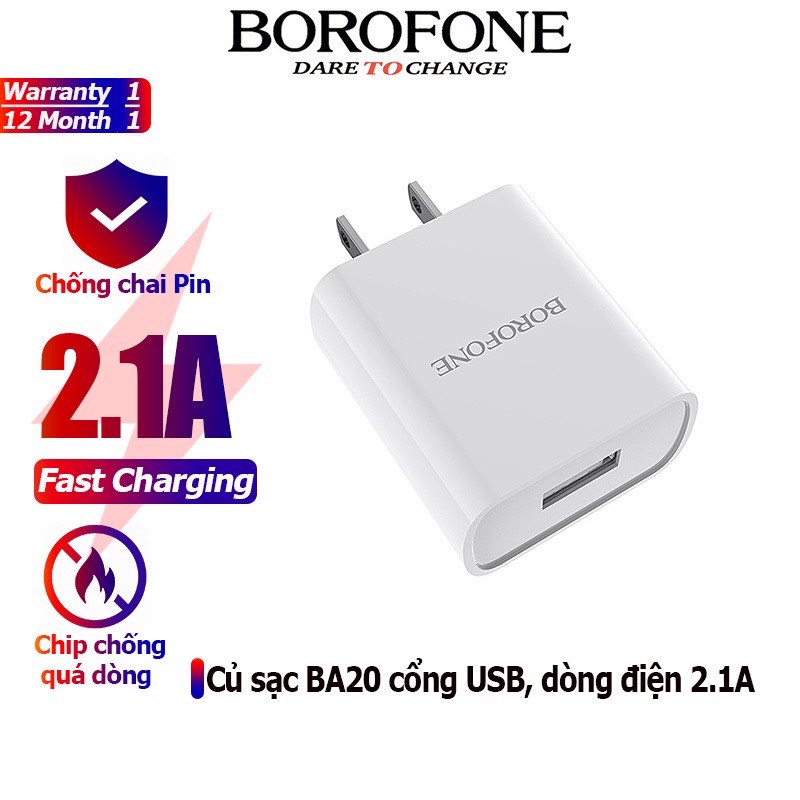 Cốc Sạc Borofone BA20/BA20A - 1 Cổng USB 2.1 US Chính Hãng