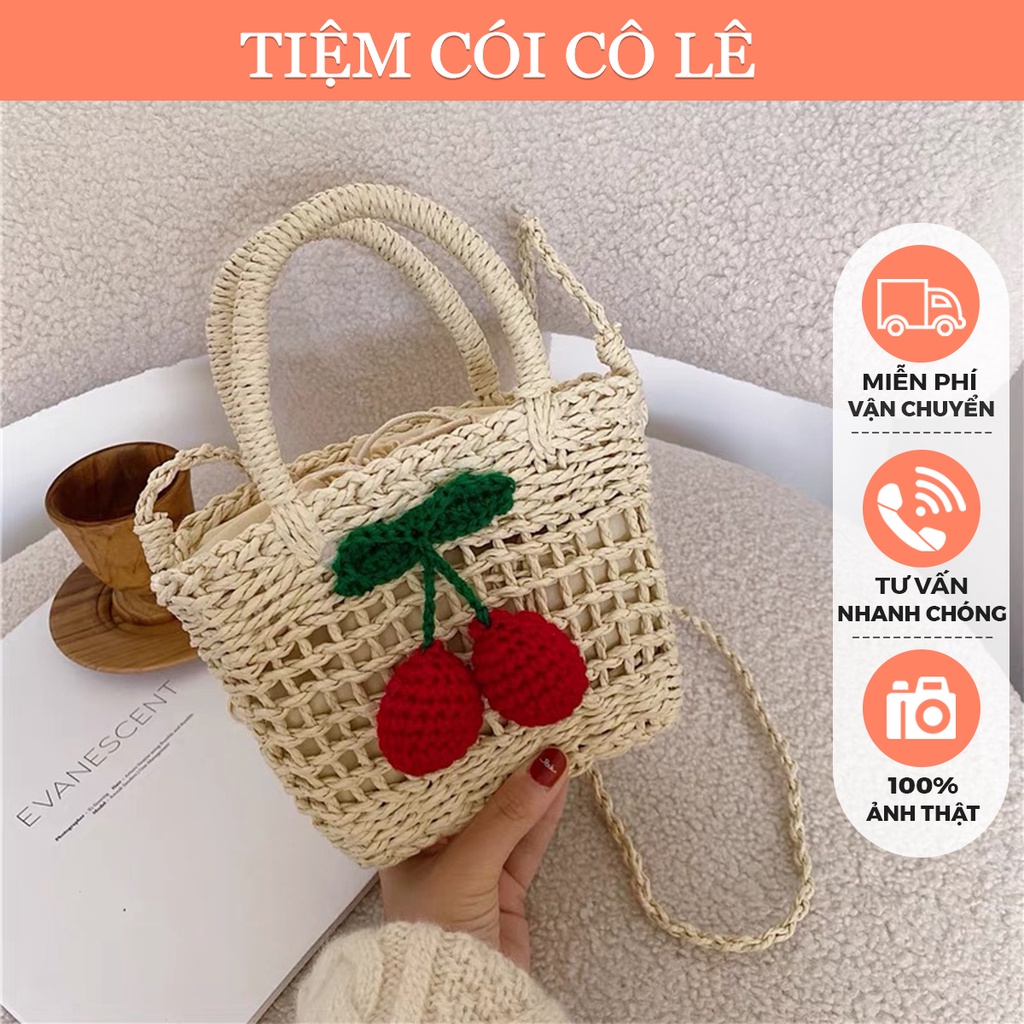 Túi cói thưa Cherry quai bện siêu dễ thương cho bạn gái đi biển - Tiệm Cói Cô Lê