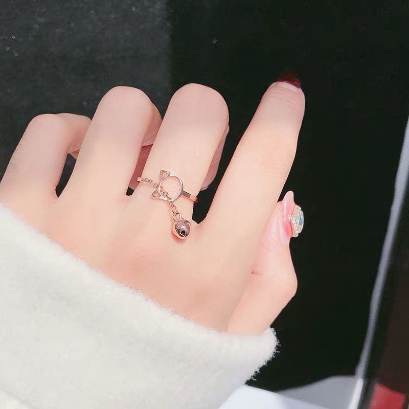 Nhẫn thép titan mạ vàng hồng dạng hở điều chỉnh được thiết kế mèo đáng yêu phong cách Hong Kong làm quà tặng cho nữ