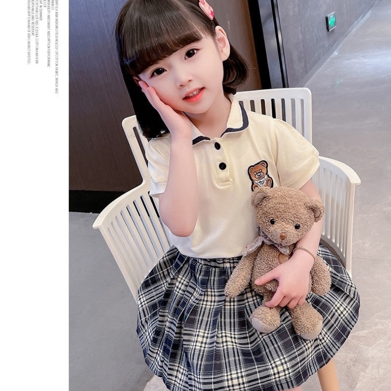 Bộ Áo Sơ Mi Ngắn Tay Cổ Bẻ Phối Chân Váy Kẻ Sọc Ca Rô Thời Trang Mùa Hè Cho Bé Gái