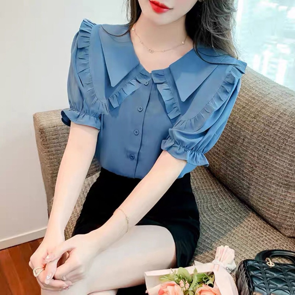 Áo Sơ Mi Chiffon Tay Ngắn Hai Lớp Dáng Rộng Thời Trang Mùa Hè Phong Cách Hàn Quốc Cho Nữ