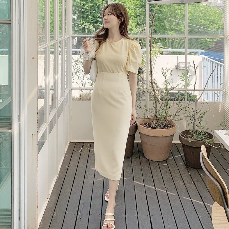 Set Áo Kiểu Tay Phồng + Chân Váy Dài Lưng Cao Thời Trang Thoải Mái Cho Nữ 43792
