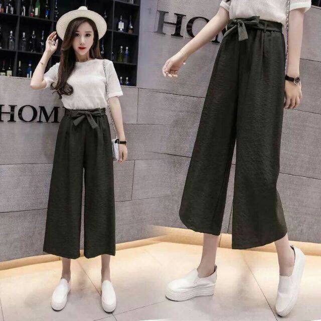 Quần Culottes Ống Rộng Cao Cấp Thắt Nơ Vải Đũi