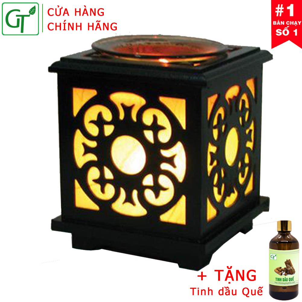 Đèn Xông Tinh Dầu, Đèn Đốt Tinh Dầu Gỗ Vuông Cao Cấp + Tặng Tinh Dầu Quế + Tặng bóng dự phòng