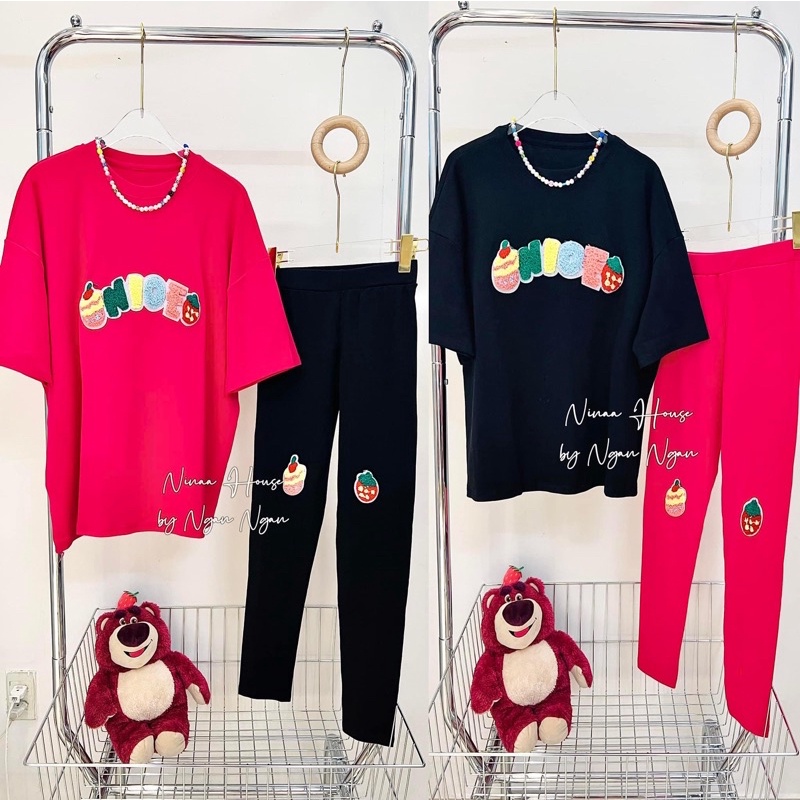 Set áo cotton hình thêu lông xinh xắn quần ôm hàng cao cấp