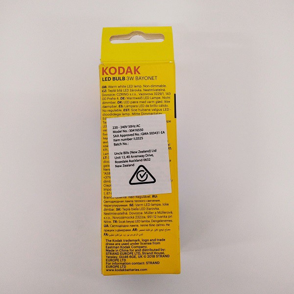 Bóng Đèn Nến KODAK Led Bulb 3W/25W C37-B22 Ánh Sáng Ấm(Vàng) Uncle Bills IL0325