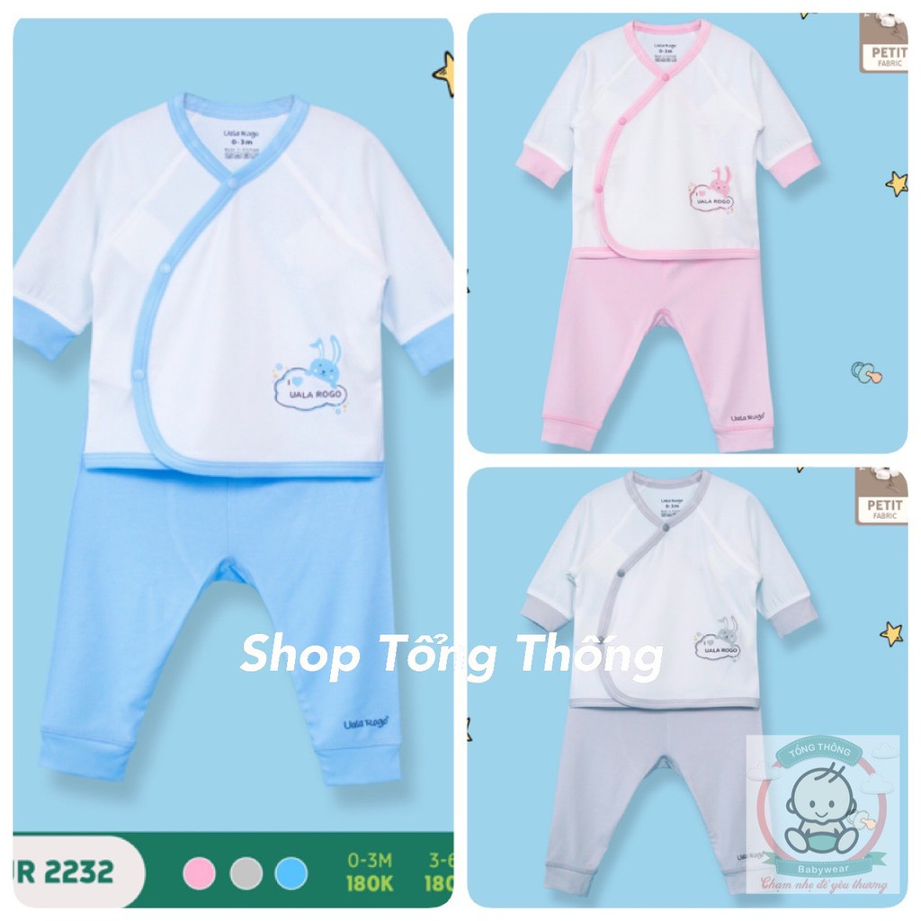 Bộ Uala Rogo petit mềm mịn cao cấp thấm hút tốt dài tay sơ sinh cài chéo trơn viền in thỏ xinh bé trai bé gái 2232