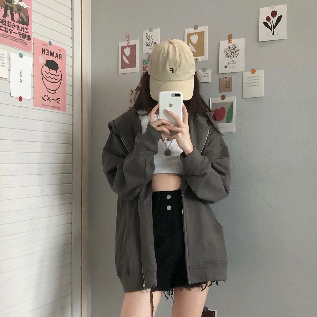 Áo Khoác Sweater Có Mũ Trùm Dáng Rộng Dây kéo Kiểu Hàn Quốc Thời Trang  Cho Nữ