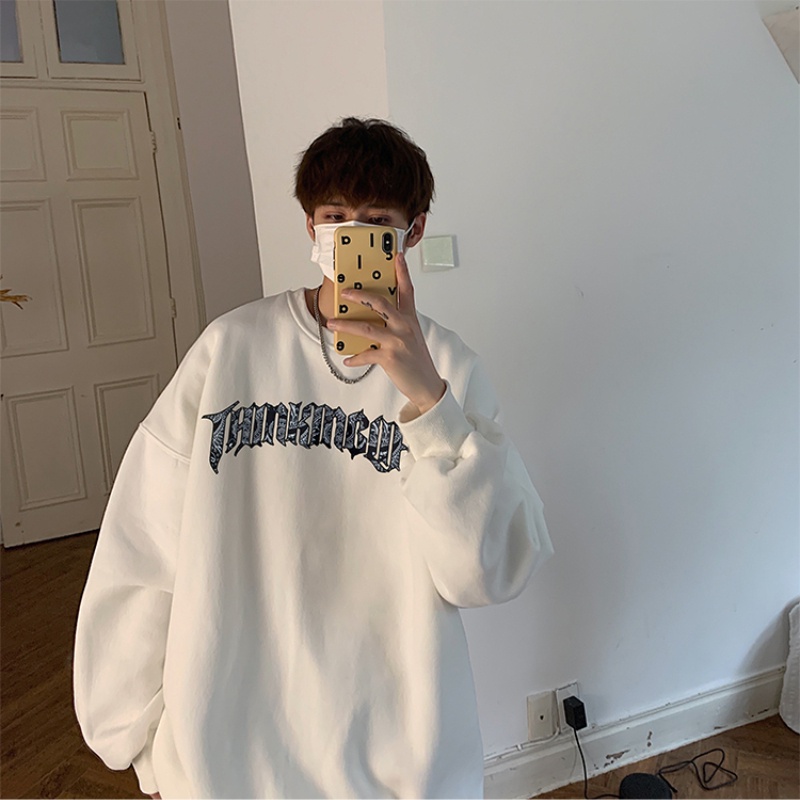 Áo sweater cổ tròn in chữ và họa tiết ngọn lửa độc đáo thời trang dạo phố cho nam size m - 5xl