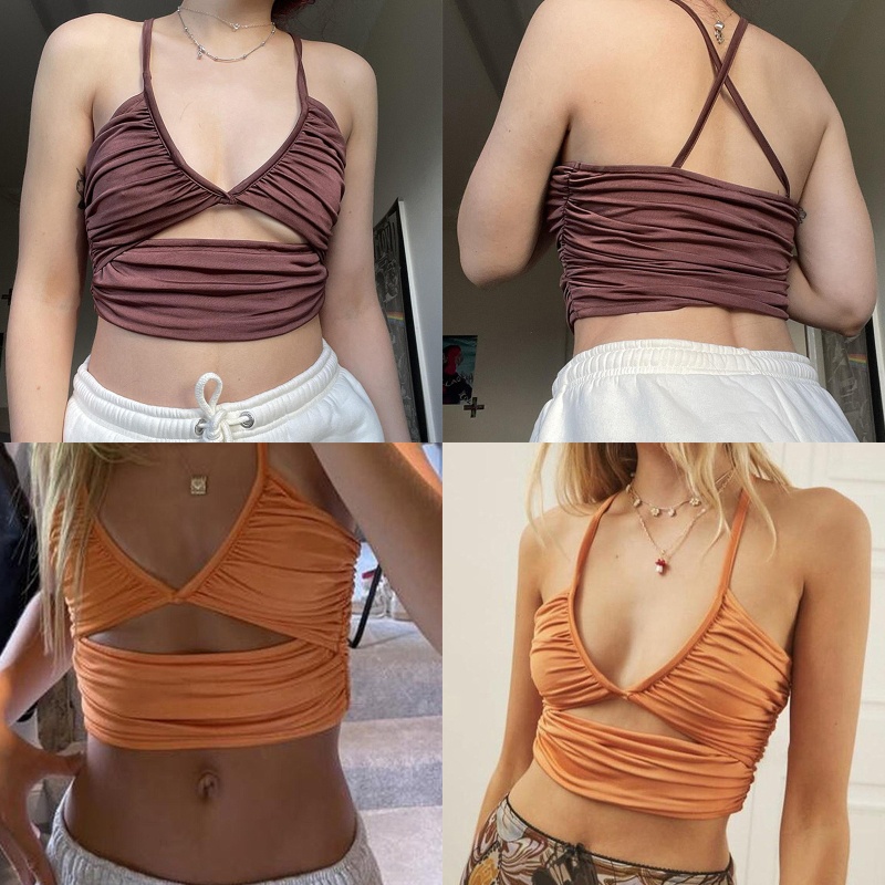 Áo Croptop Hai Dây Cổ Chữ V Khoét Sâu Lưng Trần Gợi Cảm Cho Nữ