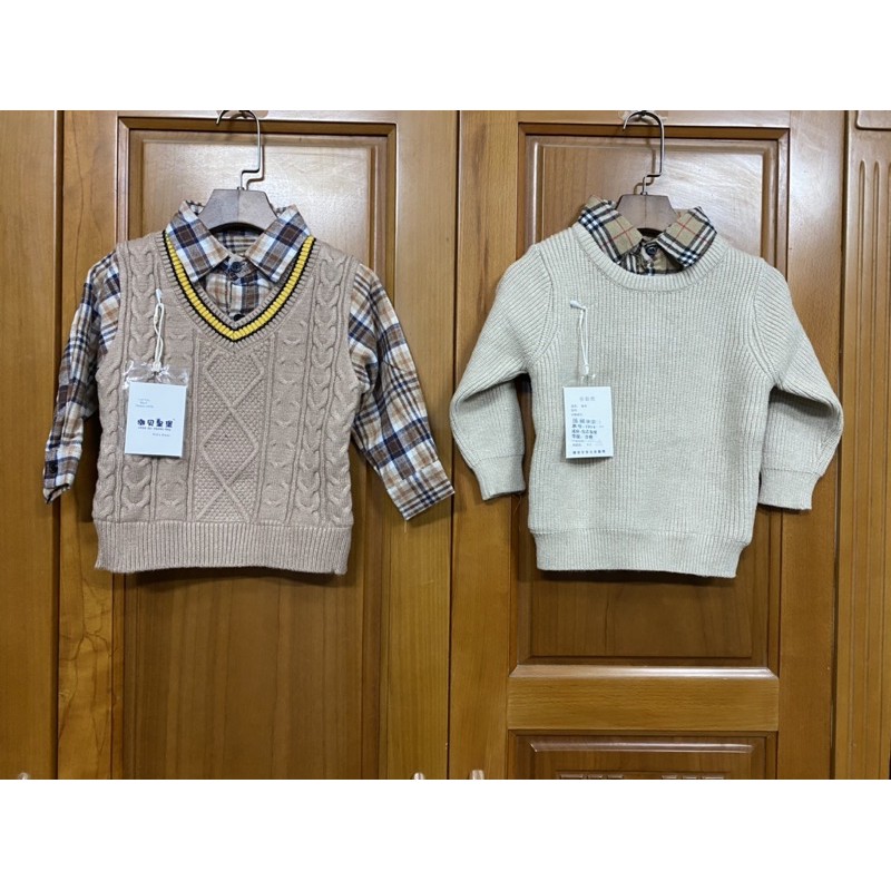 Áo Len Lót Lông Bên Trong Dày Ấm Cho Bé Trai Size 90-130(10-25kg), Áo Len Kèm Cổ Sơ Mi Cho Bé Trai
