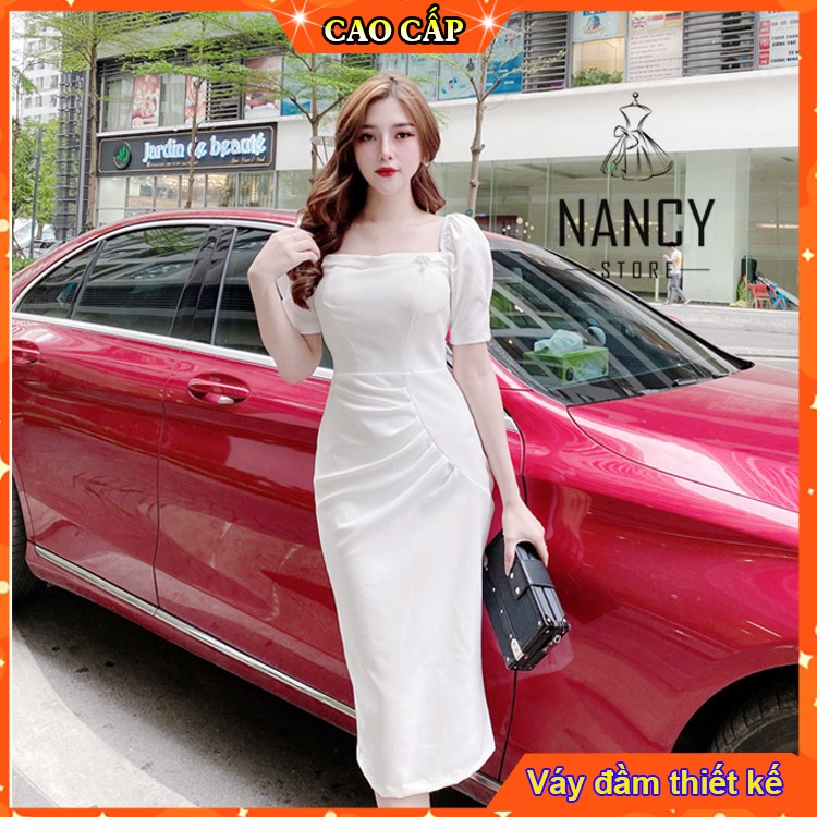 Váy nữ body cổ vuông,dáng ôm tay lửng, cao cấp sang chảnh dự tiệc công sở màu trắng thanh lịch nhẹ nhàng cho phái đẹp