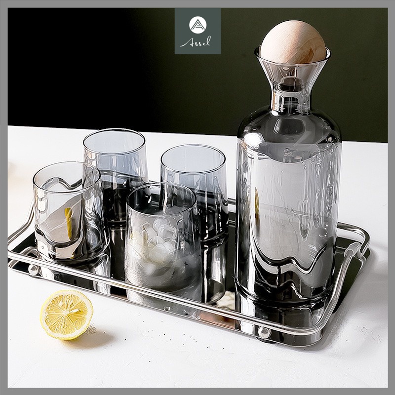 Bộ bình nước thủy tinh borosilicate kèm khay inox đựng cốc ly phong cách Bắc Âu hiện đại