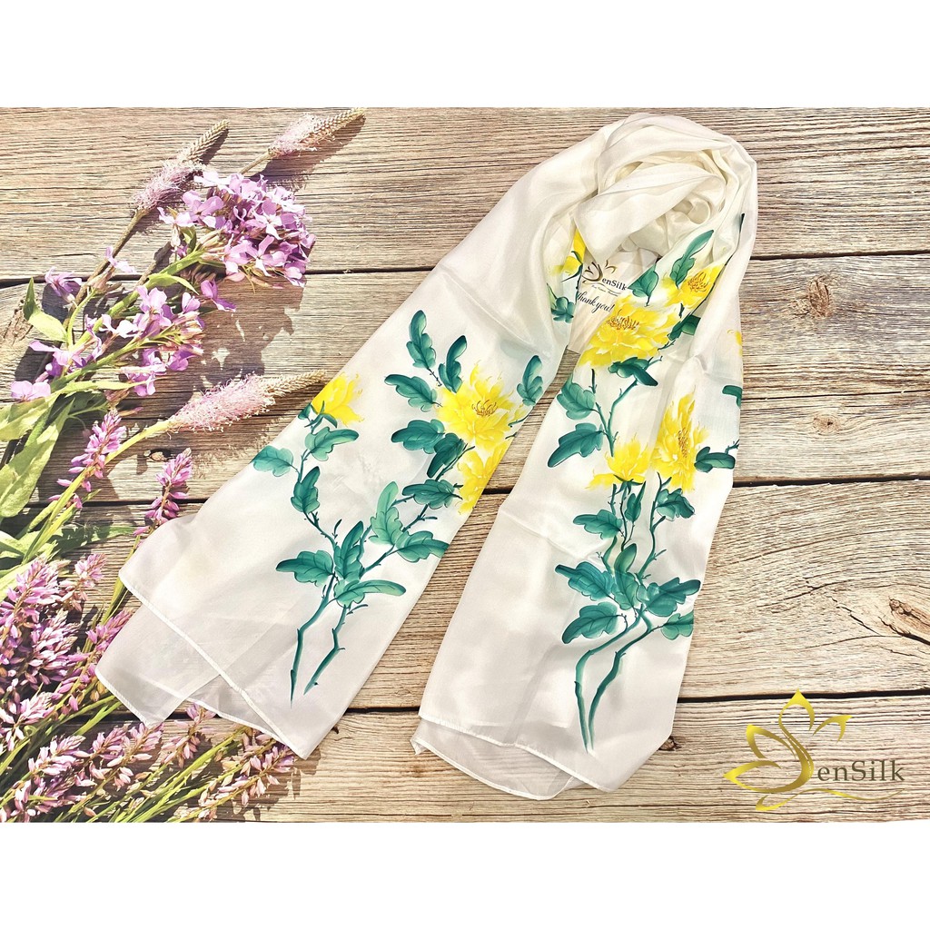 Khăn Lụa Vẽ Tay Hoa Mẫu Đơn Vàng SenSilk 180x90cm, Khăn Quàng Cổ Thời Trang Cao Cấp