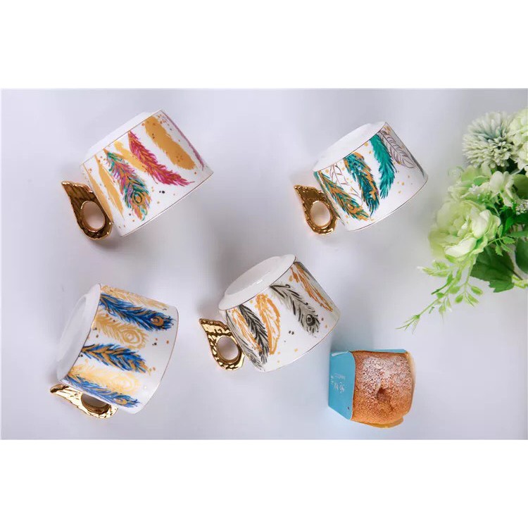 Set tách cà phê lông vũ, tách uống cà phê sứ cao cấp phong cách Châu Âu:1.5.19