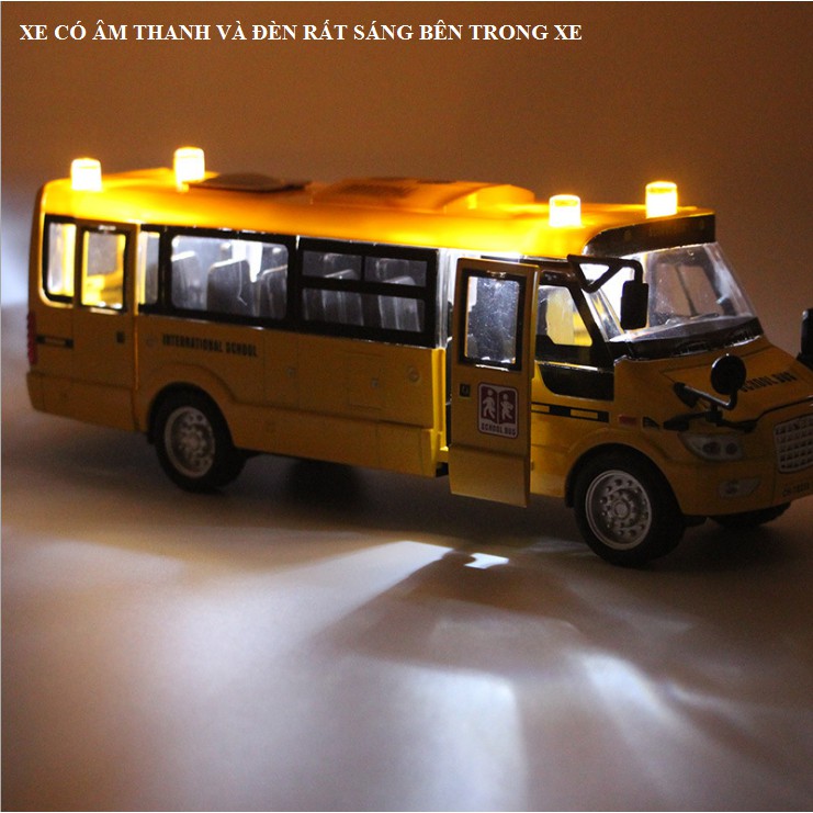 Ô tô School Bus tỉ lệ 1:32 xe ô tô đồ chơi trẻ em bằng sắt mở các cửa có đèn và âm thanh