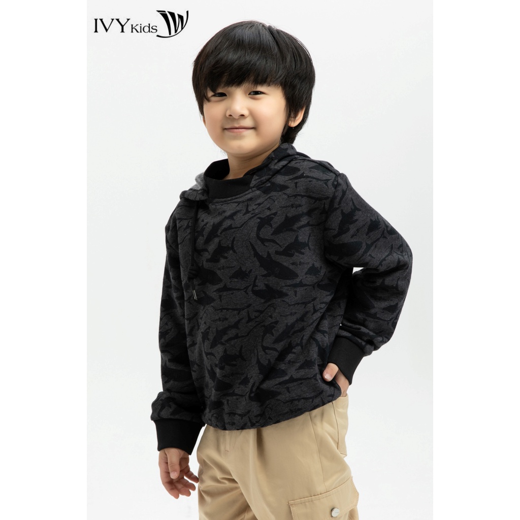 Áo hoodie họa tiết cổ mũ bé trai IVY moda MS 59K1164