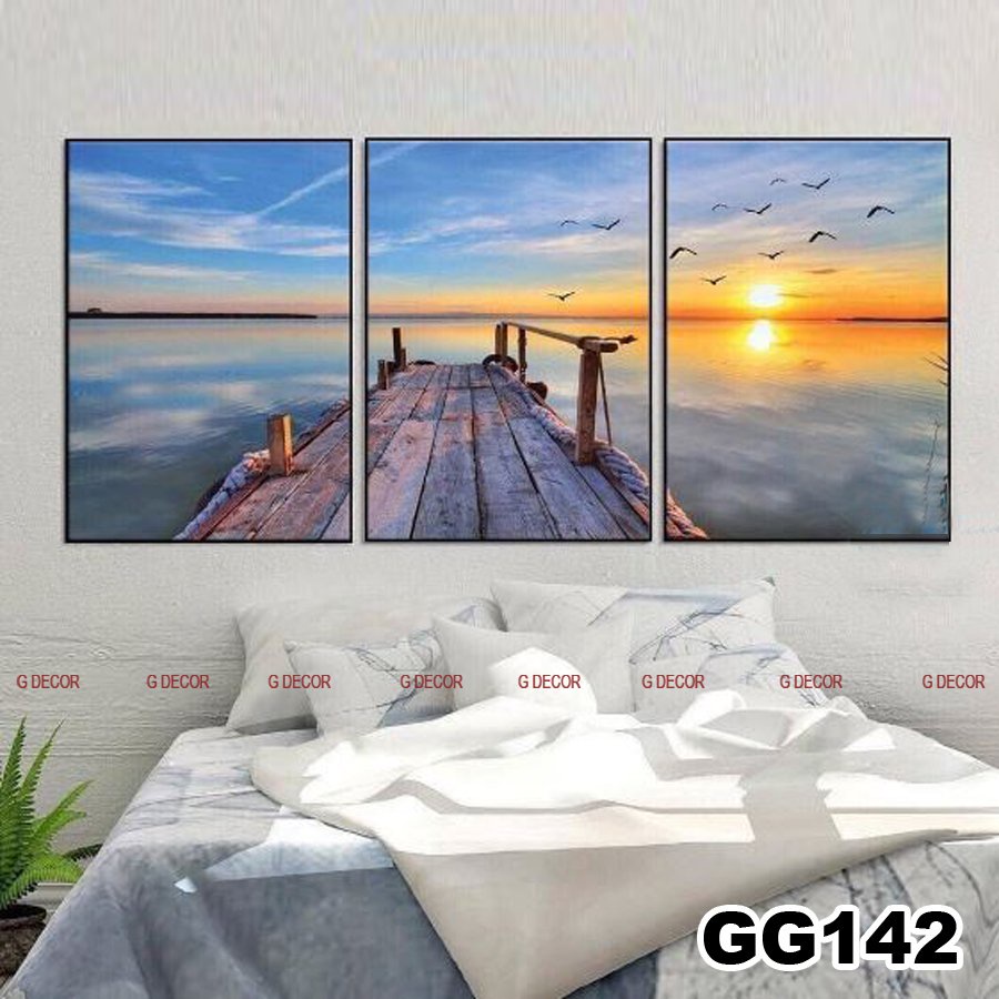 Tranh treo tường canvas khung gỗ 3 bức phong cách hiện đại Bắc Âu tranh phong cảnh trang trí phòng khách phòng ngủ 87