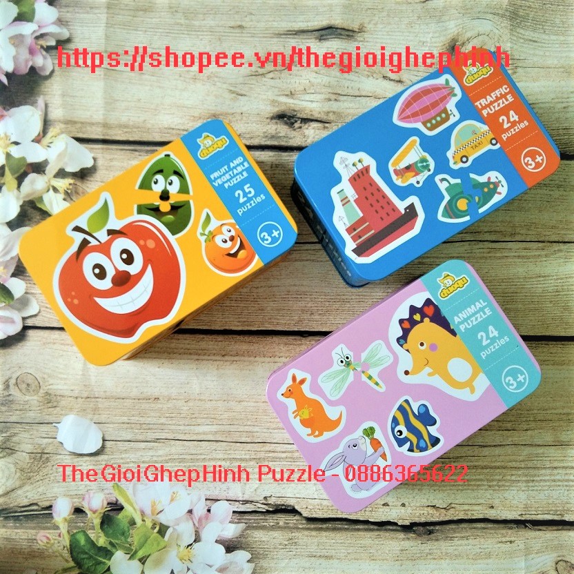 Ghép hình Puzzle 2 mảnh hộp sắt TO ĐẸP 3 chủ đề vô cùng đáng yêu cho bé mới tập ghép - ảnh chụp thật