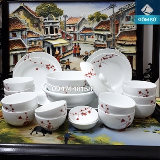Bộ đồ ăn cao cấp Bát Tràng vẽ đào nâu - 22 món