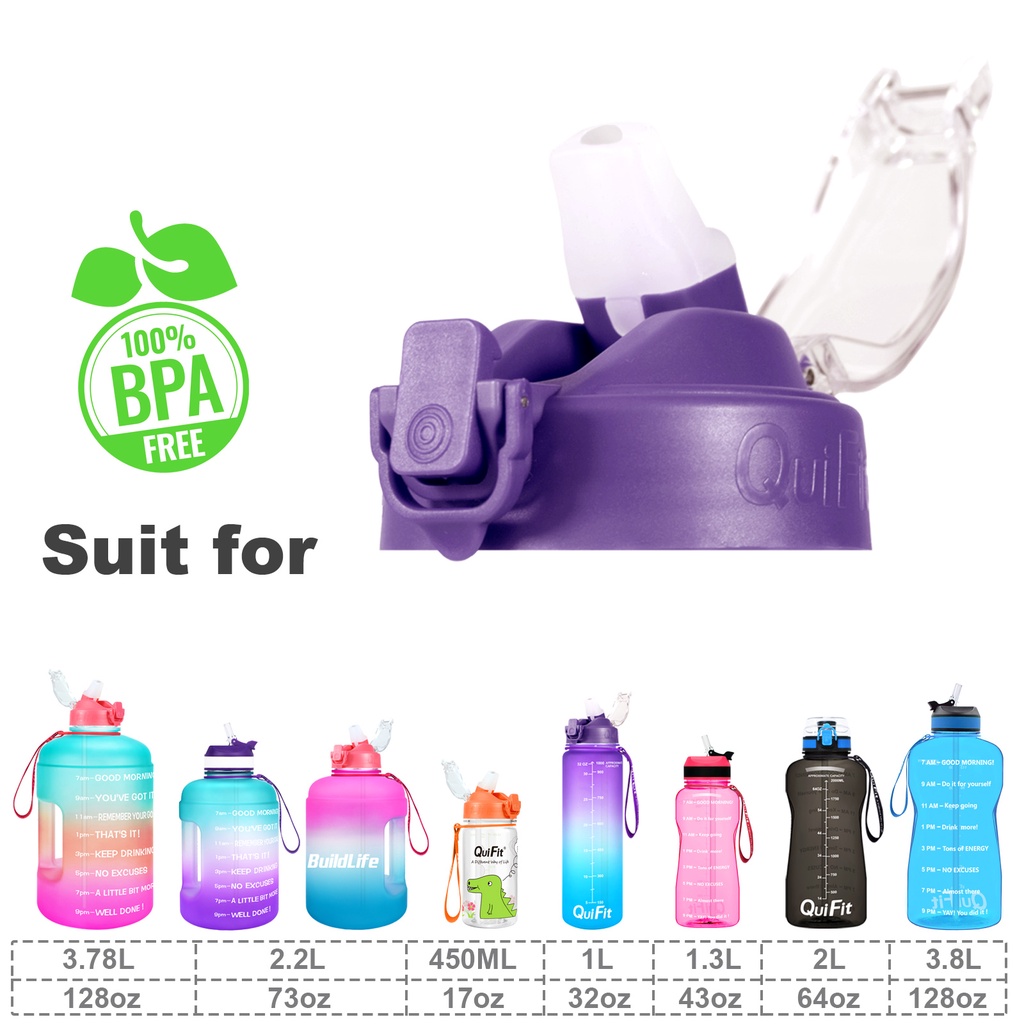 Nắp đậy bình nước QUIFIT bằng silicone 2 ống hút phù hợp cho bình nhựa (1L / 1.3L / 2L / 2.2L / 3.78L)