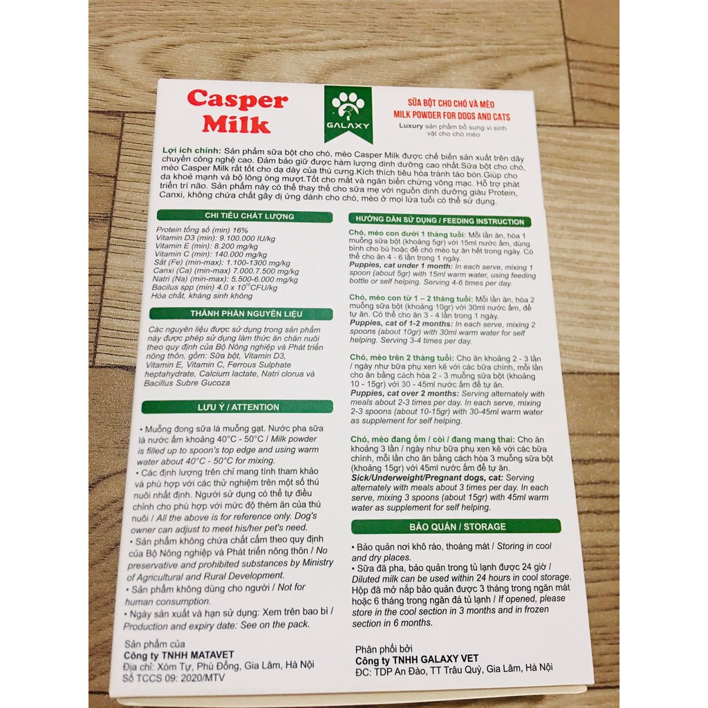 Sữa Bột Cho Chó Mèo Casper Milk cung cấp đầy đủ dinh dưỡng