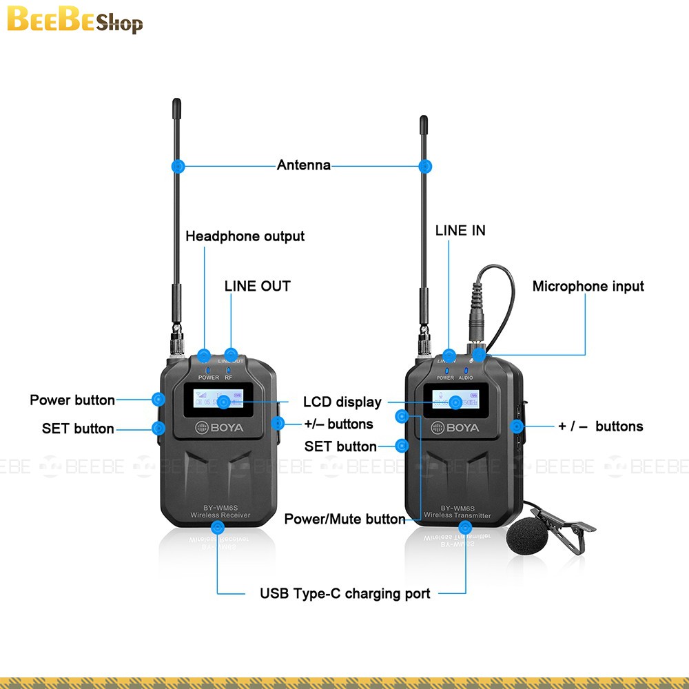 BOYA BY-WM6S - Mic Cài Áo Không Dây Cho Điện Thoại, Máy Ảnh, Máy Quay,Sóng UHF, Phạm Vi 70m