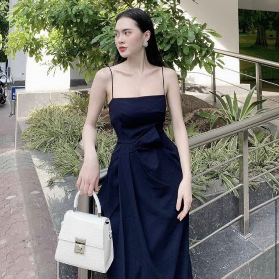 Đầm 2 dây xanh đen nhún lệch (có ảnh thật) | BigBuy360 - bigbuy360.vn