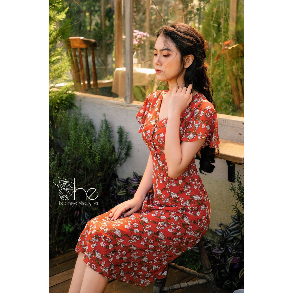 Váy hoa nhí voan bánh bèo xinh She, đầm nữ tiểu thư chữ A dài thiết kế SDX77 | BigBuy360 - bigbuy360.vn